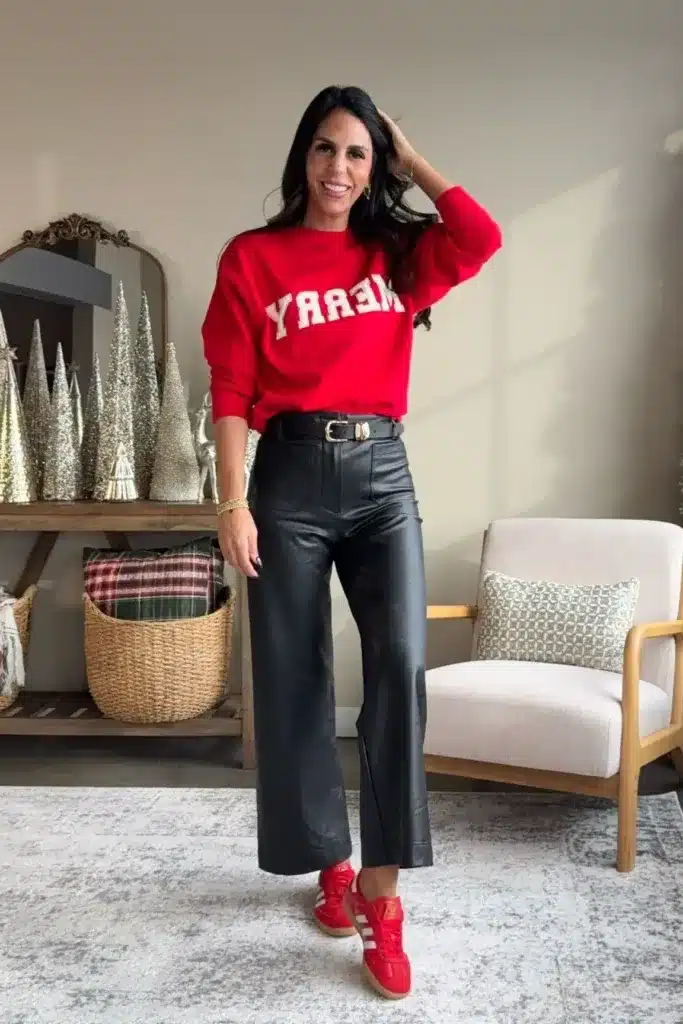 Christmas Party Outfits With Adidas Samba: 15 Looks 3 Red Sweatshirt With Black Leather Trousers outfit