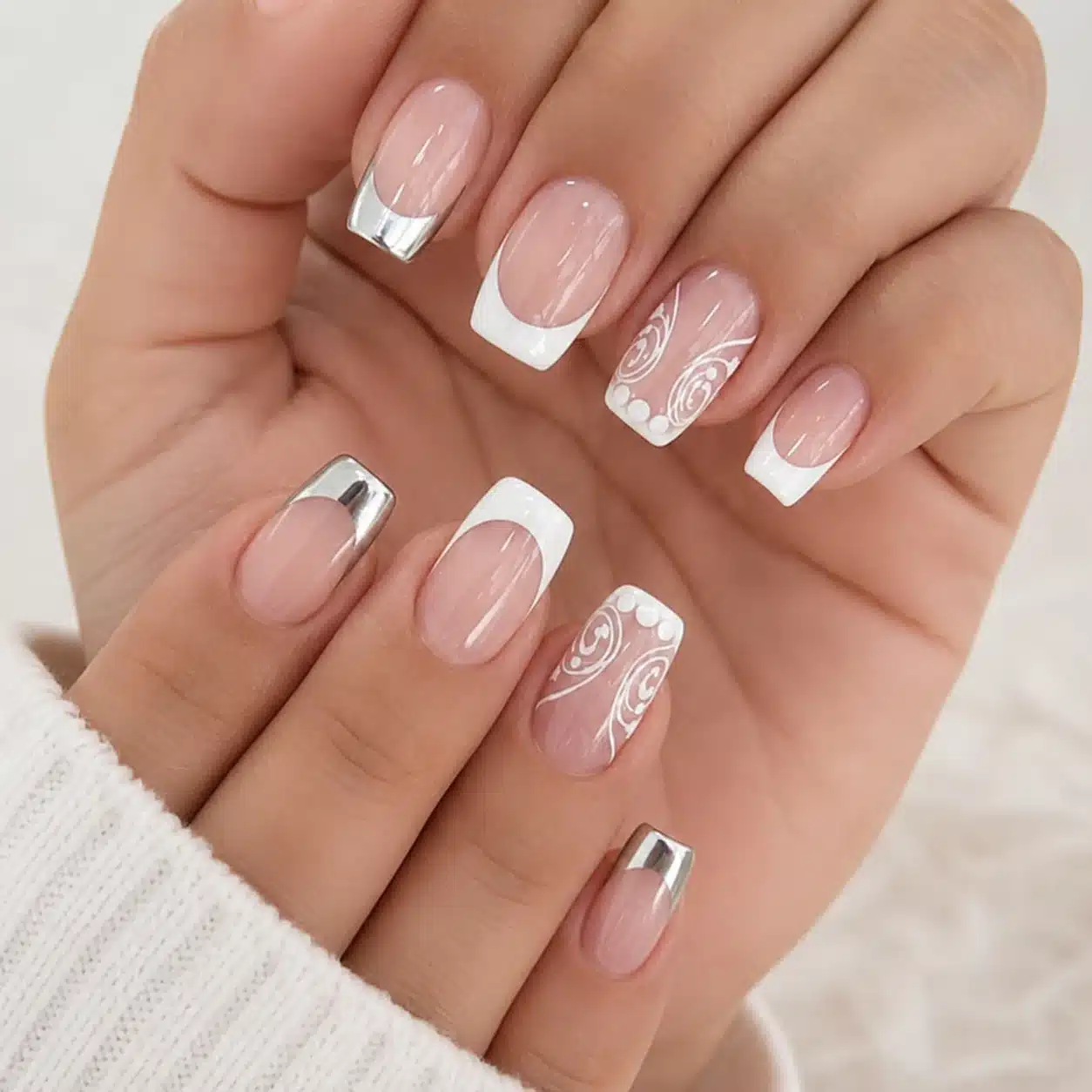 French Tip Nail Polish: Best Colors, Formulas & DIY Guide 4 White French tip nail polish with delicate swirl details
