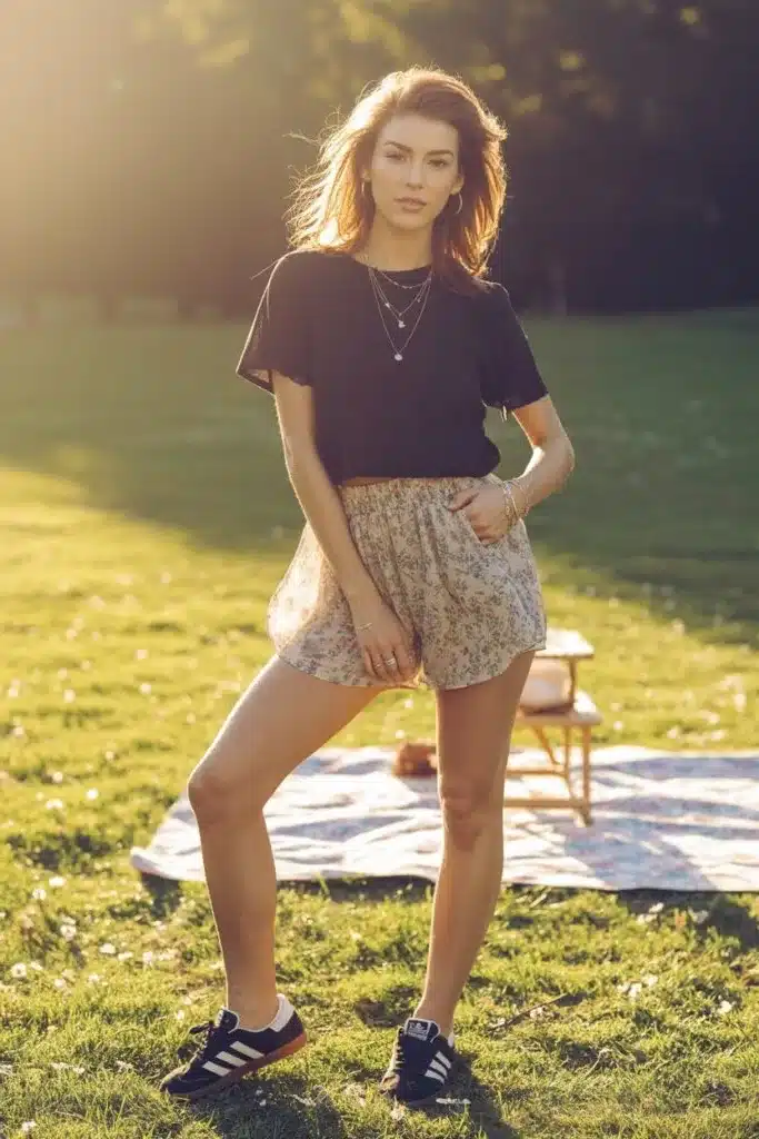 Samba Shorts Outfits for Women: 10 Easy Ideas 7 Floral Shorts With a Black Tee outfit