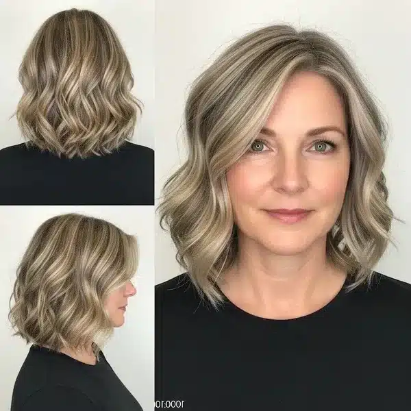 Hairstyles For Women Over 50 With Fine Hair - Wavy Lob With Blended Highlights
