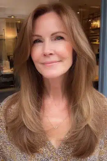 Waterfall-style layers on fine hair, one of 30 inspiring long hairstyles for women over 50 with fine hair.