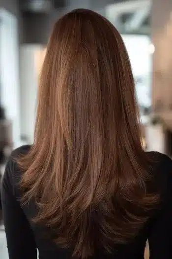 V-cut shape combined with layers, included in 30 inspiring long hairstyles for women over 50 with fine hair.