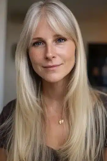 Face-framing layers paired with bangs, included in 30 inspiring long hairstyles for women over 50 with fine hair.