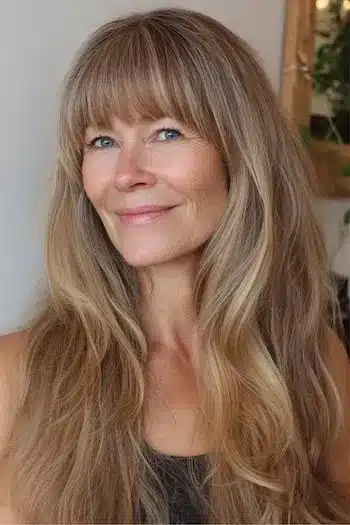 Soft long waves paired with bangs, showcasing 30 inspiring long hairstyles for women over 50 with fine hair.