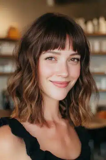 31 Hairstyles With Bangs That Prove A Little Fringe Goes A Long Way 13 Shoulder-length waves paired with a straight fringe, part of the 31 Hairstyles With Bangs That Prove A Little Fringe Goes A Long Way - Parisfy
