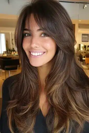 31 Hairstyles With Bangs That Prove A Little Fringe Goes A Long Way 17 Long flowing layers with extended side-swept bangs, showcasing the 31 Hairstyles With Bangs That Prove A Little Fringe Goes A Long Way - Parisfy