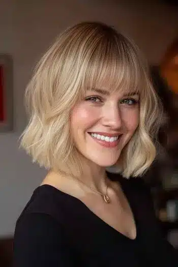 31 Hairstyles With Bangs That Prove A Little Fringe Goes A Long Way 18 A wavy blunt bob paired with a straight fringe, from the 31 Hairstyles With Bangs That Prove A Little Fringe Goes A Long Way - Parisfy