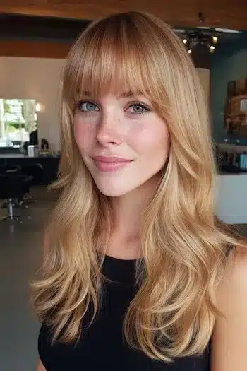 31 Hairstyles With Bangs That Prove A Little Fringe Goes A Long Way 3 Soft waves paired with a straight fringe, highlighting the 31 Hairstyles With Bangs That Prove A Little Fringe Goes A Long Way - Parisfy