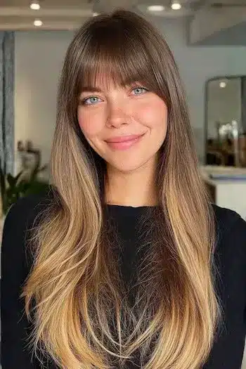 31 Hairstyles With Bangs That Prove A Little Fringe Goes A Long Way 21 Long ombre hair with a straight fringe, from the 31 Hairstyles With Bangs That Prove A Little Fringe Goes A Long Way - Parisfy