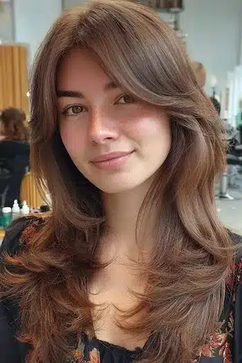 31 Hairstyles With Bangs That Prove A Little Fringe Goes A Long Way 23 Butterfly cut featuring soft curtain bangs, showcasing the 31 Hairstyles With Bangs That Prove A Little Fringe Goes A Long Way - Parisfy