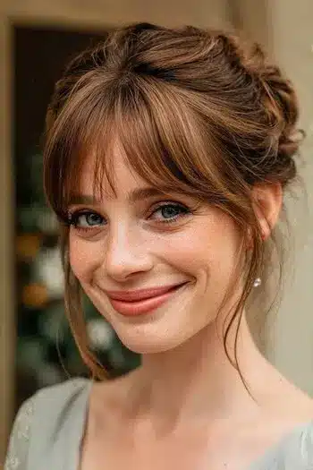31 Hairstyles With Bangs That Prove A Little Fringe Goes A Long Way 25 Elegant updo featuring a straight fringe and loose tendrils, part of the 31 Hairstyles With Bangs That Prove A Little Fringe Goes A Long Way - Parisfy