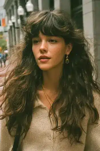 31 Hairstyles With Bangs That Prove A Little Fringe Goes A Long Way 6 Long shaggy hair with brow-skimming bangs, featured in the 31 Hairstyles With Bangs That Prove A Little Fringe Goes A Long Way - Parisfy