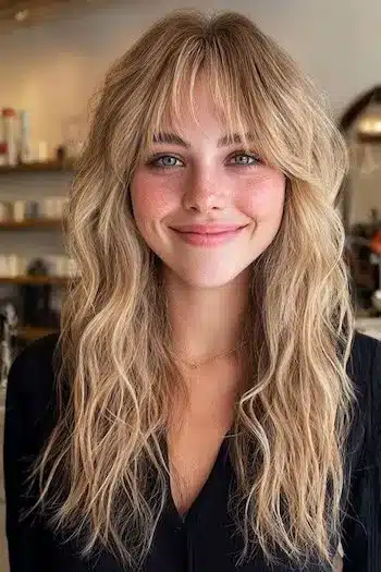 31 Hairstyles With Bangs That Prove A Little Fringe Goes A Long Way 8 Tousled beachy waves paired with a relaxed fringe, from the 31 Hairstyles With Bangs That Prove A Little Fringe Goes A Long Way - Parisfy