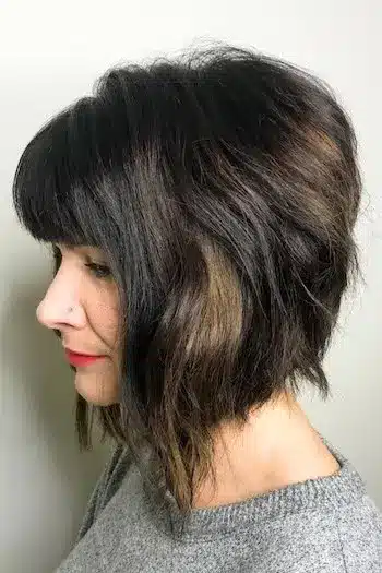 Angled Bob with Long Front and Full Bangs Haircut