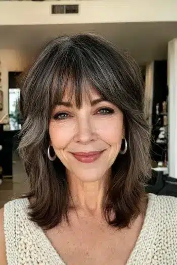 Medium shag with gray blending and curtain bangs