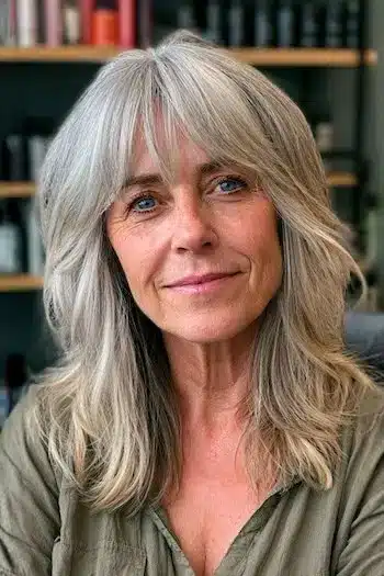 Gray shag hairstyle with soft bangs