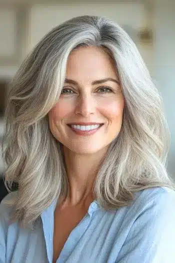 A smiling woman with blonde and silver hair showcasing one of the 35+ Trending Low-Maintenance Medium-Length Haircuts with voluminous shoulder-length layers.