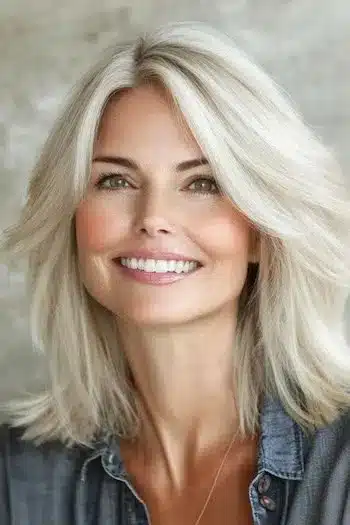Wispy Medium-Length Layers Haircut on a smiling woman with blonde hair.