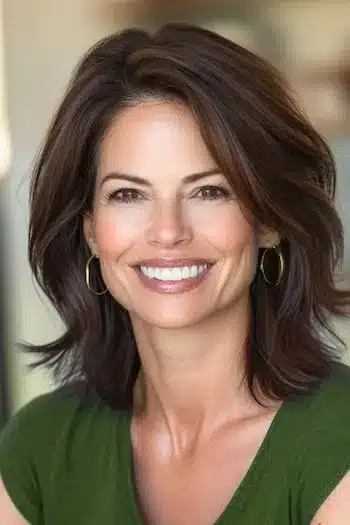 Medium-Length Layered Lob (Long Bob) Haircut on a smiling woman with brown hair.