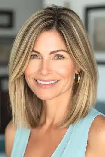 Highlighted Long Bob Haircut on a smiling woman with brown hair with blonde highlights.