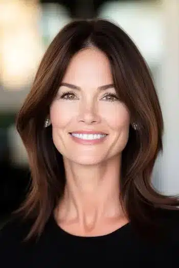 Shoulder-Length Layers for Fine Hair Haircut on a smiling woman with brown hair.