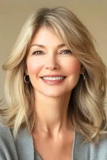 Feathered Shoulder-Length Layers Haircut on a smiling woman with medium blonde hair.