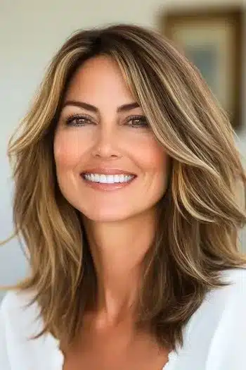 Medium-Length Face-Framing Feathered Layers Haircut on a smiling woman with brown hair and piecey blonde highlights.