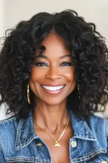 Shoulder-Length Curls Haircut on a smiling black woman with brown black hair.