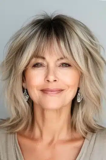 Shoulder-Length Shaggy Lob (Long Bob) Haircut on a smiling woman with blonde hair.