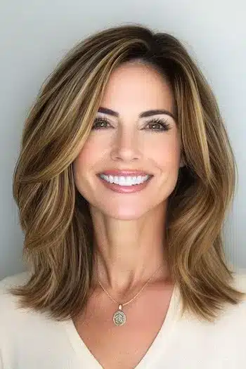 Subtle Layers for Thick Hair Haircut on a smiling woman with highlighted brown hair.