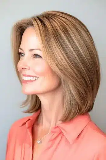 39 Low-Maintenance Medium-Length Haircuts To Keep It Simple and Stunning 3 Side view of a smiling woman with brown hair modeling a sleek long bob from the 35+ Trending Low-Maintenance Medium-Length Haircuts collection.