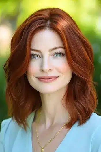 Layered Textured Lob Haircut on a smiling woman with copper red hair.