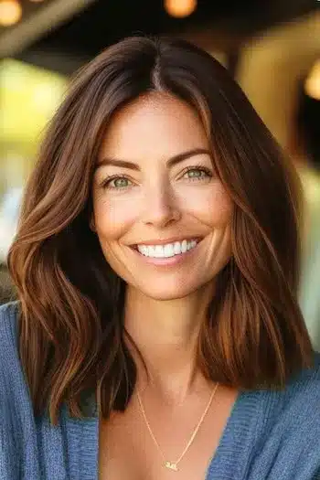 Medium-Length Long Bob with Thick Hair Haircut on a smiling woman with brown hair.