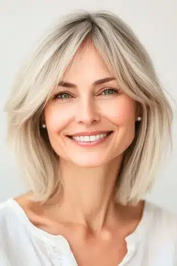 Layered Long Bob with Curtain Bangs Haircut on a smiling woman with blonde hair.
