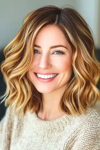 Shoulder-Length Waves with Golden Balayage Highlights Haircut on a smiling woman with brown hair and blonde highlights.
