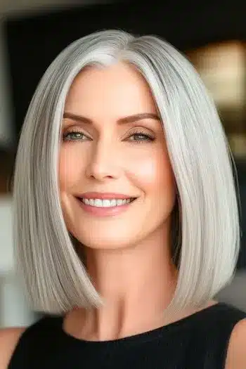 Blunt Lob with Razored Ends Haircut on a smiling woman with light gray hair.