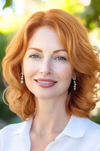 Soft Layered Copper Curls Haircut on a smiling woman with light copper red hair.