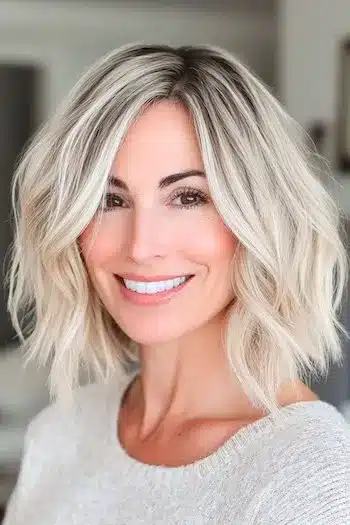 Shoulder-Length Waves with Blunt Ends Haircut on a smiling woman with platinum blonde hair and dark roots.