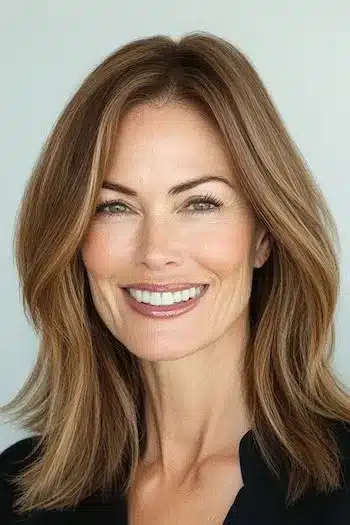 Soft Layered Lob (Long Bob) Haircut on a smiling older woman with brown hair.