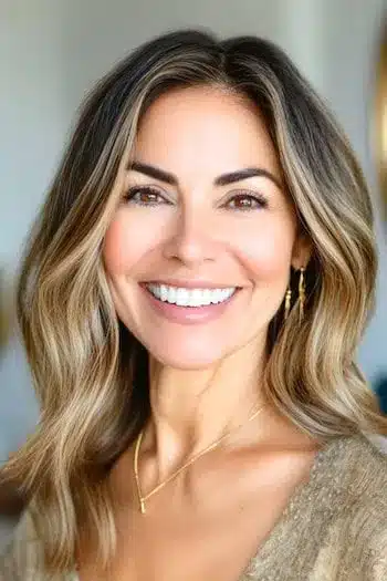 Tousled Textured Waves with Subtle Layers Haircut on a smiling woman with gray hair.