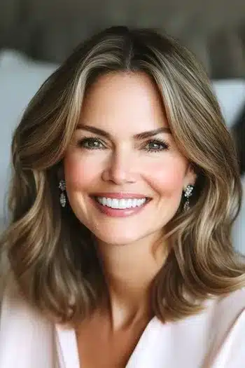 Textured Shoulder-Length Waves Haircut on a smiling woman with brown hair.