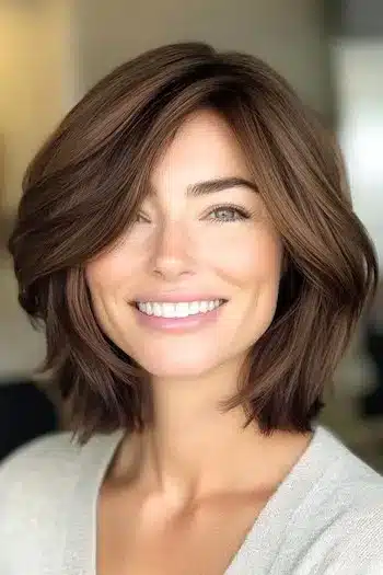 Layered Long Bob with Side-Swept Bangs Haircut on a smiling woman with brown hair.
