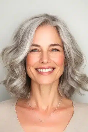 Loose Wavy Long Bob Haircut on a smiling woman with silver hair.