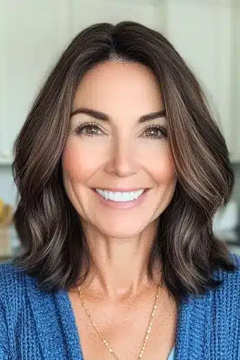 Collarbone-Length Long Bob with Layers Haircut on a smiling woman with brown hair.