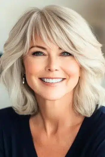 Shoulder-Length Layers with Bangs Haircut on a smiling woman with blonde hair.