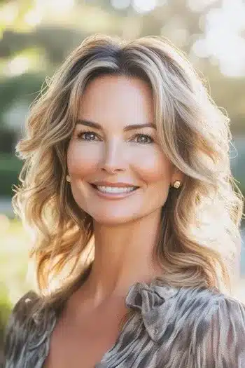Medium-Length Tapered Layers Haircut on a smiling woman with blonde and brown hair.