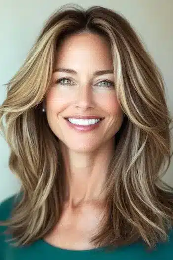 Shoulder-Length Layers with Center Part and Balayage Highlights Haircut on a smiling woman with highlighted brown hair.