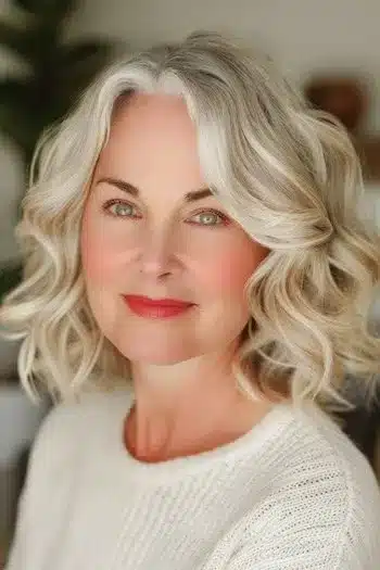 Medium-Length Wavy Long Bob Haircut on a woman with very light blonde hair.