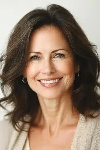 Textured Layered Medium-Length Haircut Haircut on a smiling older woman with dark brown hair.