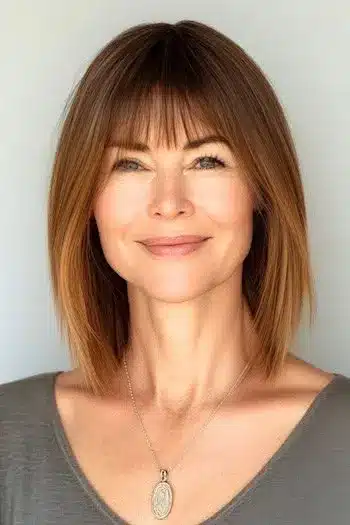 Long Bob with Bangs and Muted Ombre Haircut on a smiling woman with brown to light brown ombre hair.